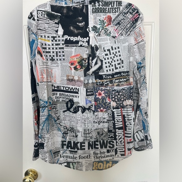 Desigual Newspaper Print Button Up Blouse – Long Sleeve Graphic Statement Top - Picture 9 of 14